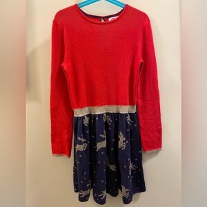 Mini Boden British Christmas sweater dress w/ Rudolph the Red Nose Reindeer.